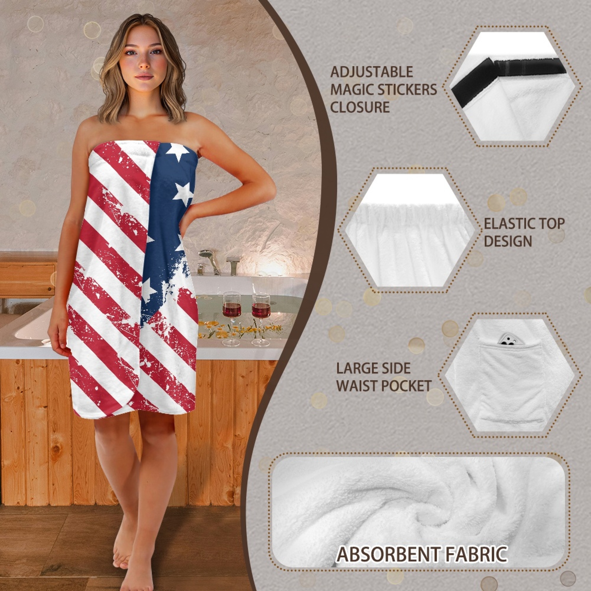 Yuyamidu American Flag Shower Towel Wrap for Women Soft Body Towel Wrap Size M Home Bath Spa Bath Towels for Bathroom Shower Wrap Robe with Adjustable Closure, 4th of July