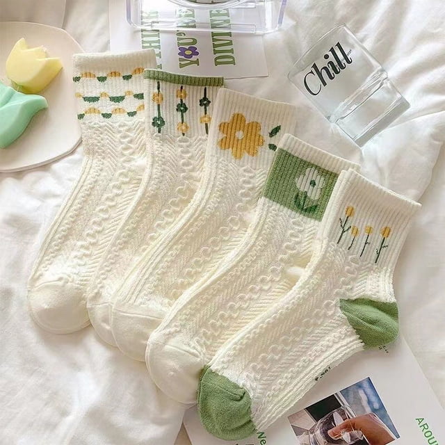 Calcetines de otoño e invierno para mujer, de tiro medio, de moda, estilo japonés, frescos, con flores pequeñas, de cintura media, para estudiantes, estilo coreano, medias para mujer
