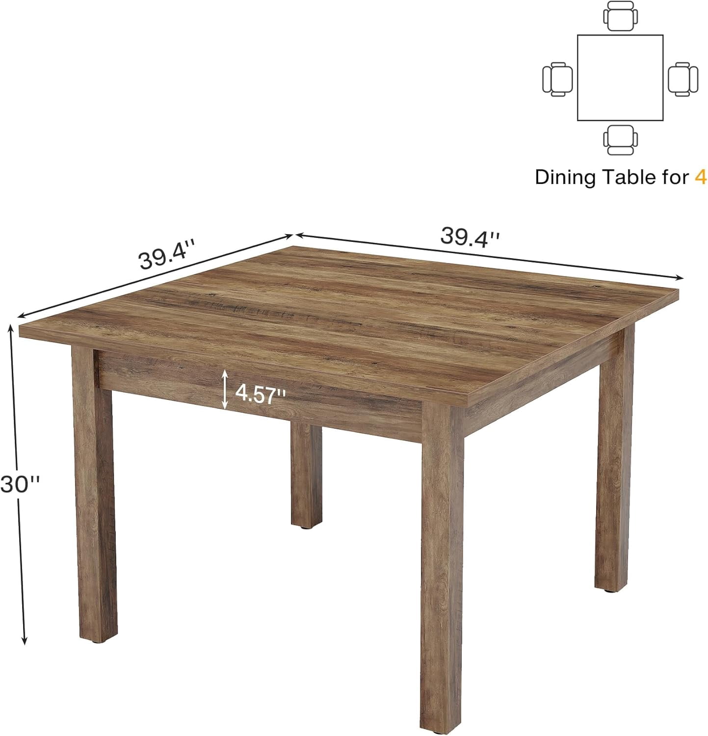 Finmind 39.4 Inches Square Dining Table for 4 People, Wooden Kitchen Table Small Dinner Table with Oak Finish Top and Solid Wood Legs, Grayish-Brown (Only Table)
