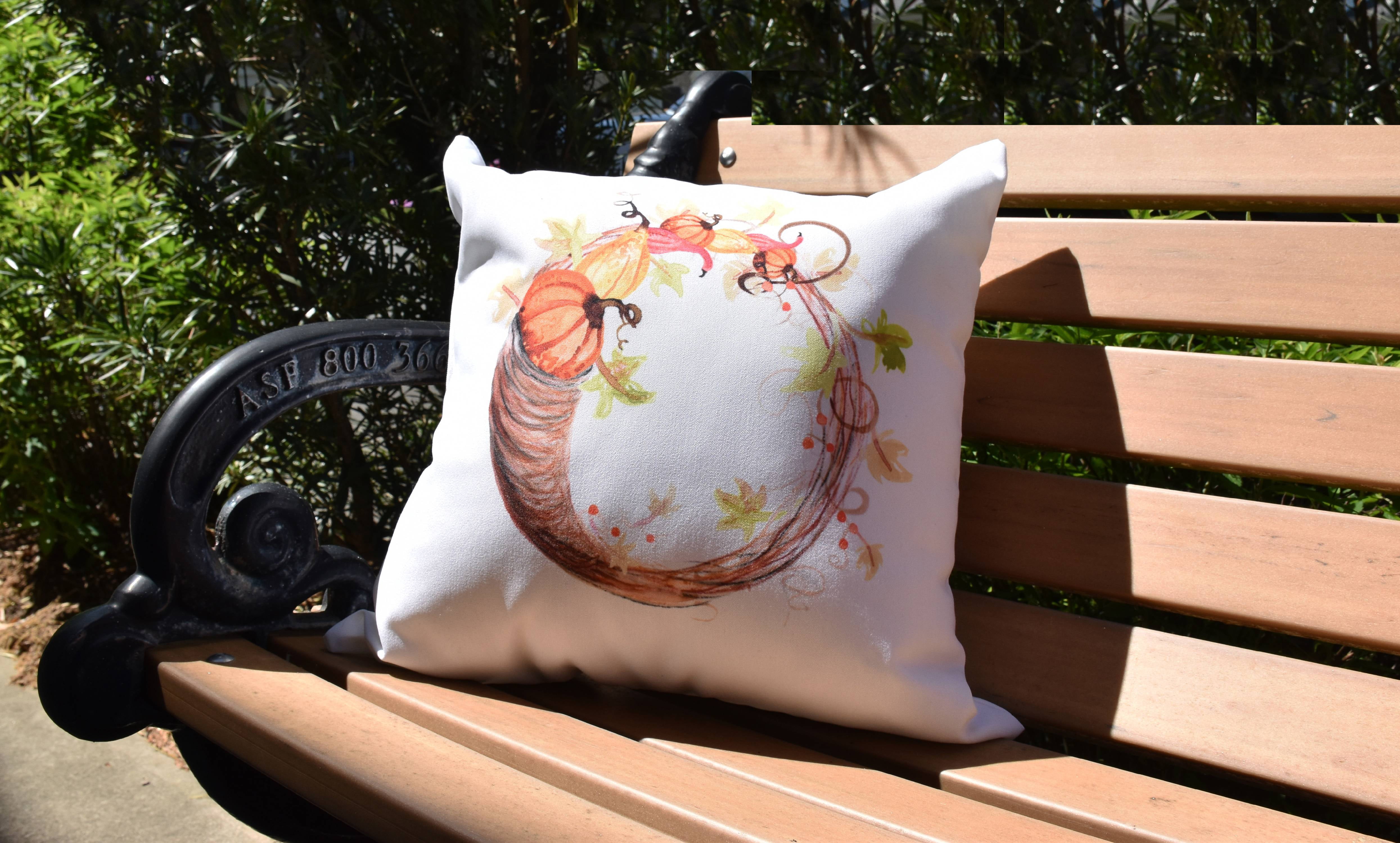 Simply Daisy, 16" x 16" Cornicopia Wreath Cream Fall Print Outdoor Decorative Throw Pillow