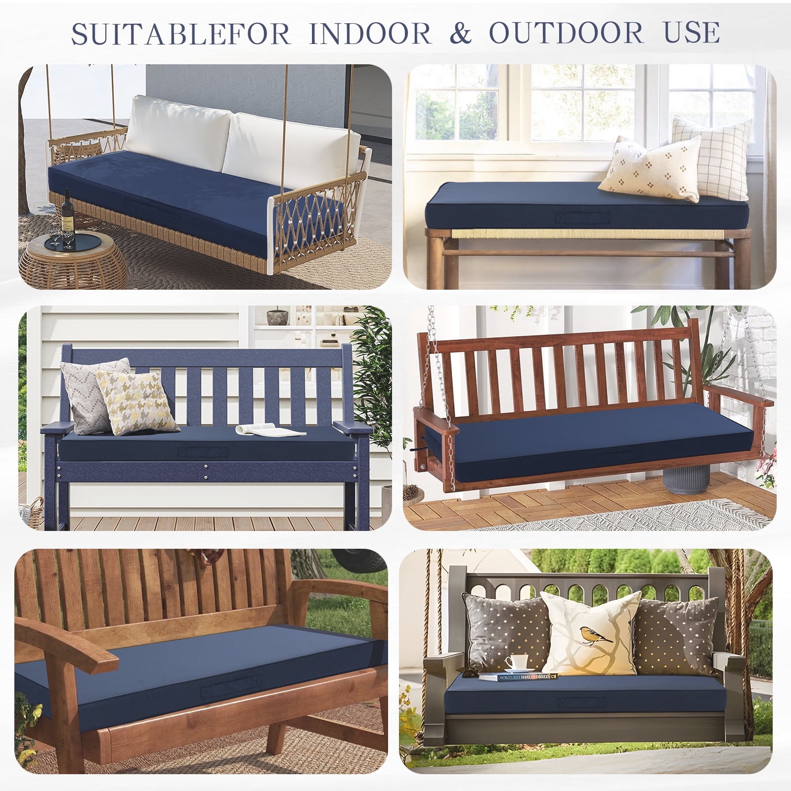 Galenzoov 42×18 inch Outdoor Bench Cushion, Memory Foam Patio Bench Cushion for Outdoor Furniture Waterproof, Porch Swing Pad with Handle and Adjustable Strap, Navy