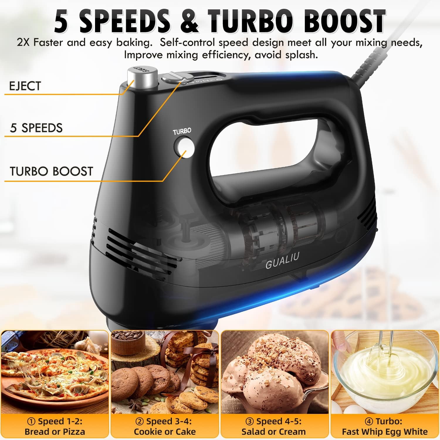 Electric Hand Mixer with Stainless Steel Whisk, Dough Hook Attachment and Stora Bag, Handheld Mixer for Baking Cakes, Eggs, Cream Food Mixers. Turbo Boost /5 Speed Kitchen Blender