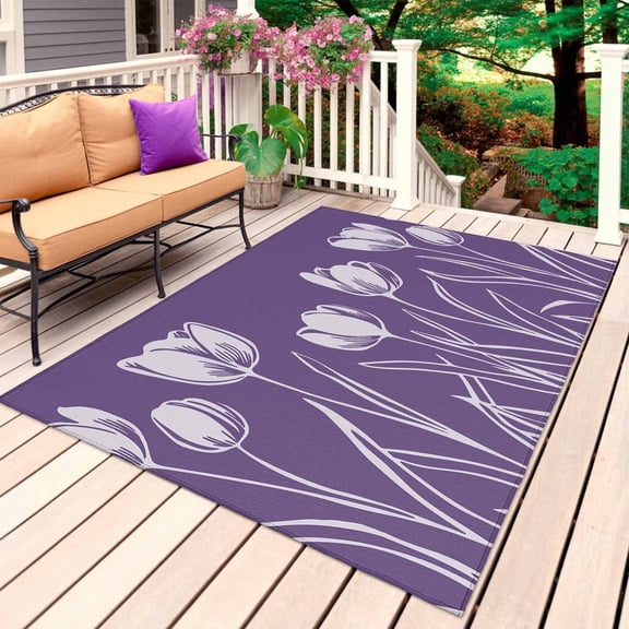 Purple Flower Outdoor Rug 5x8 Ft, Non Slip Washable Area Rug, Country Garden Floral Aesthetics Plant Patio Rugs Carpet Runner, Large Floor Mat for Indoor/Outdoor Deck Porch Camping