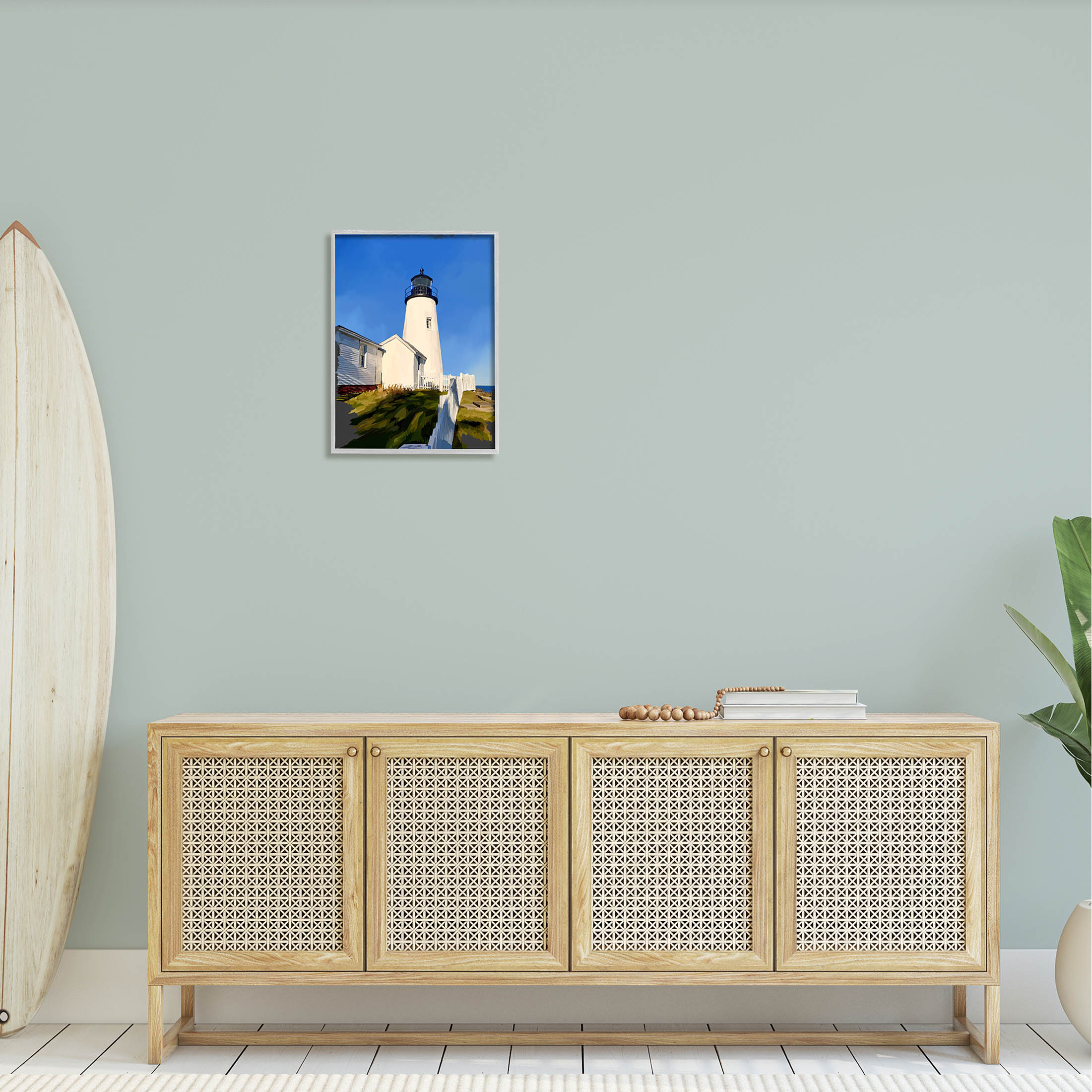 Stupell Industries Coastal Lighthouse Clear Blue Sky Graphic Art Gray Framed Art Print Wall Art, Design by Emily Kalina