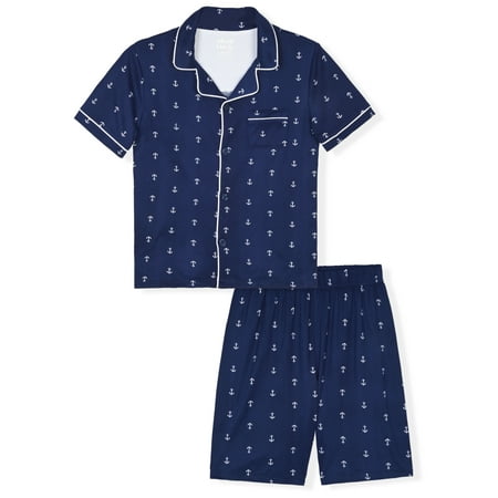 Sleep On It Boys 2-Piece Milky Jersey Short-Sleeve Button Down Collared Coat Pajama Set - Nautical , 4-5