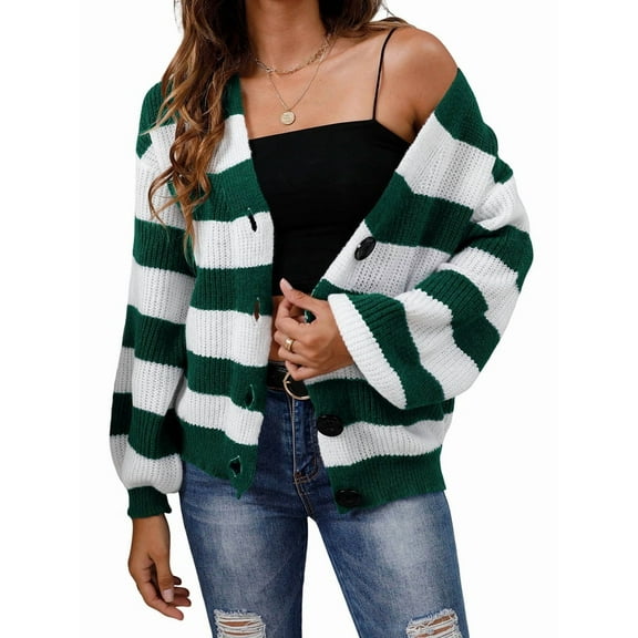 Women'S Winter Striped Cardigan Long Sleeve Button Down Open Front Chunky Knit Oversized Sweater Coat Dark Green S