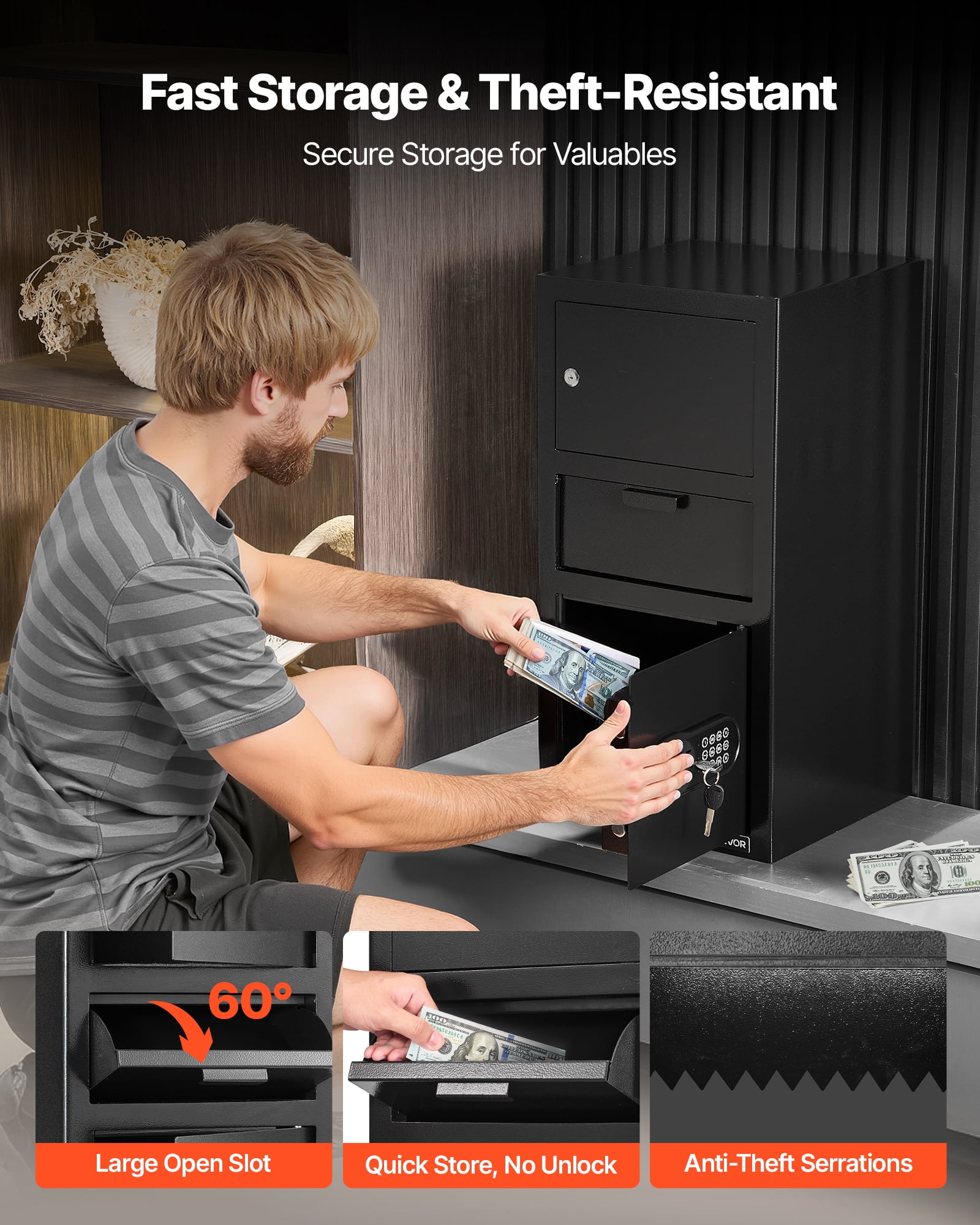 VEVOR 3.6 Cubic Feet Drop Safe,Large Capacity Front Drop Slot Safe Box with Digital Keypad, Heavy Duty 3 Tiers Cash Depository Box with Spare Keys for Cash, Bank Slip, Jewelry, Document, Bill, Black
