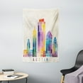 thumbnail image 1 of Austin Tapestry, Outlined Monuments Skylines of Texas Blended Rainbow Watercolor Ink Splatter Art, Wall Hanging for Bedroom Living Room Dorm Decor, 40"W X 60"L, Multicolor, by Ambesonne, 1 of 2