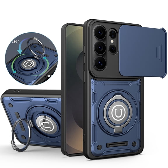 Dteck for Samsung Galaxy S25 Ultra Case with Camera Slide Lens Cover, Hybrid Shockproof Rugged Phone Cover with Magnetic Ring Kickstand,Dark Blue