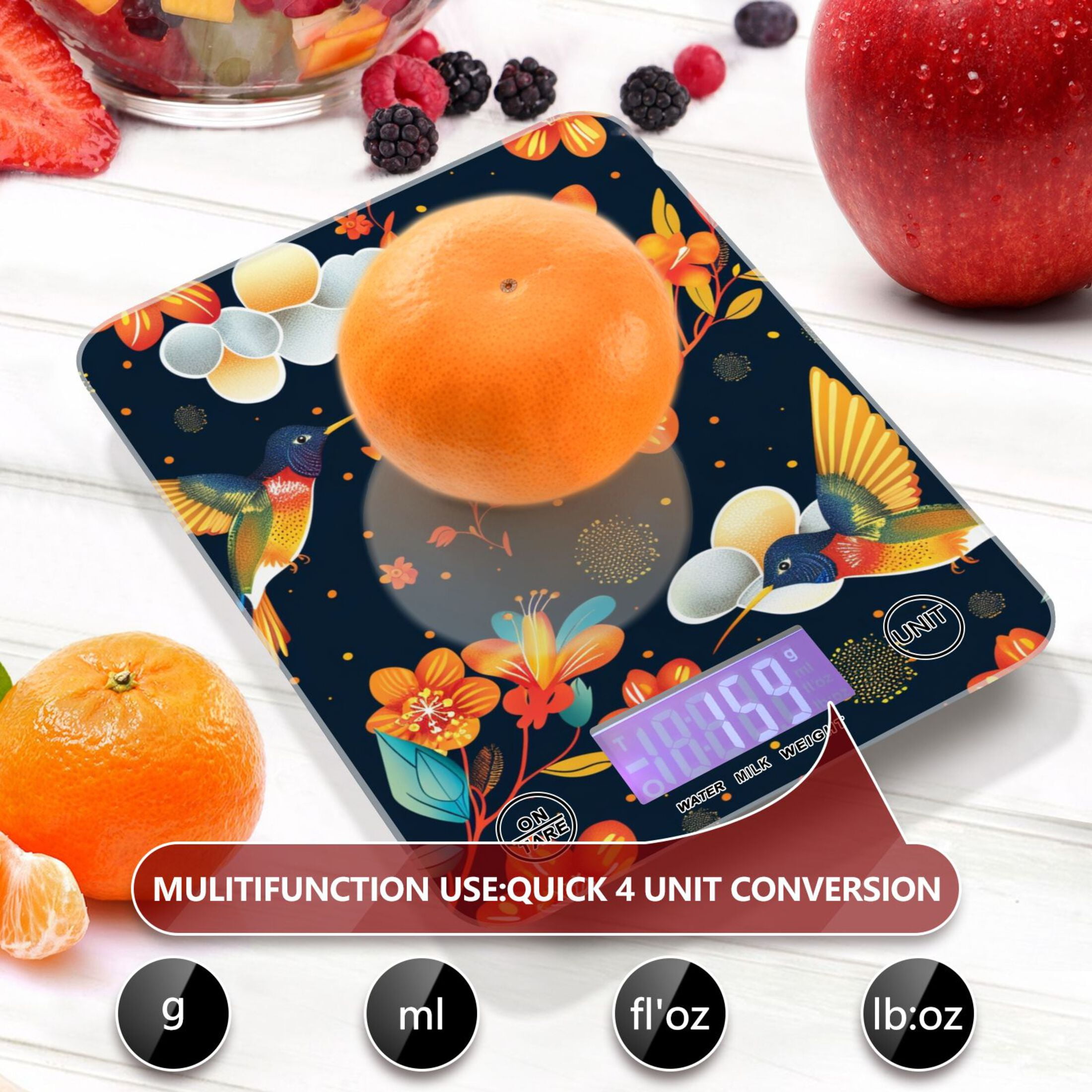 Birds with Flowers Food Scale Digital Kitchen Scale Waterproof Tempered Glass Tare Function 11 lb for Baking Cooking Meal Prep