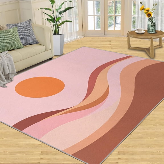Area Washable Rugs Modern Abstract Bohemian Orange Sunset Pink Desert Dunes and Mountains Vintage Rugs for Entry Bathroom Bedroom Kitchen Door mat Rugs Non Slip Indoor-5' x 6'