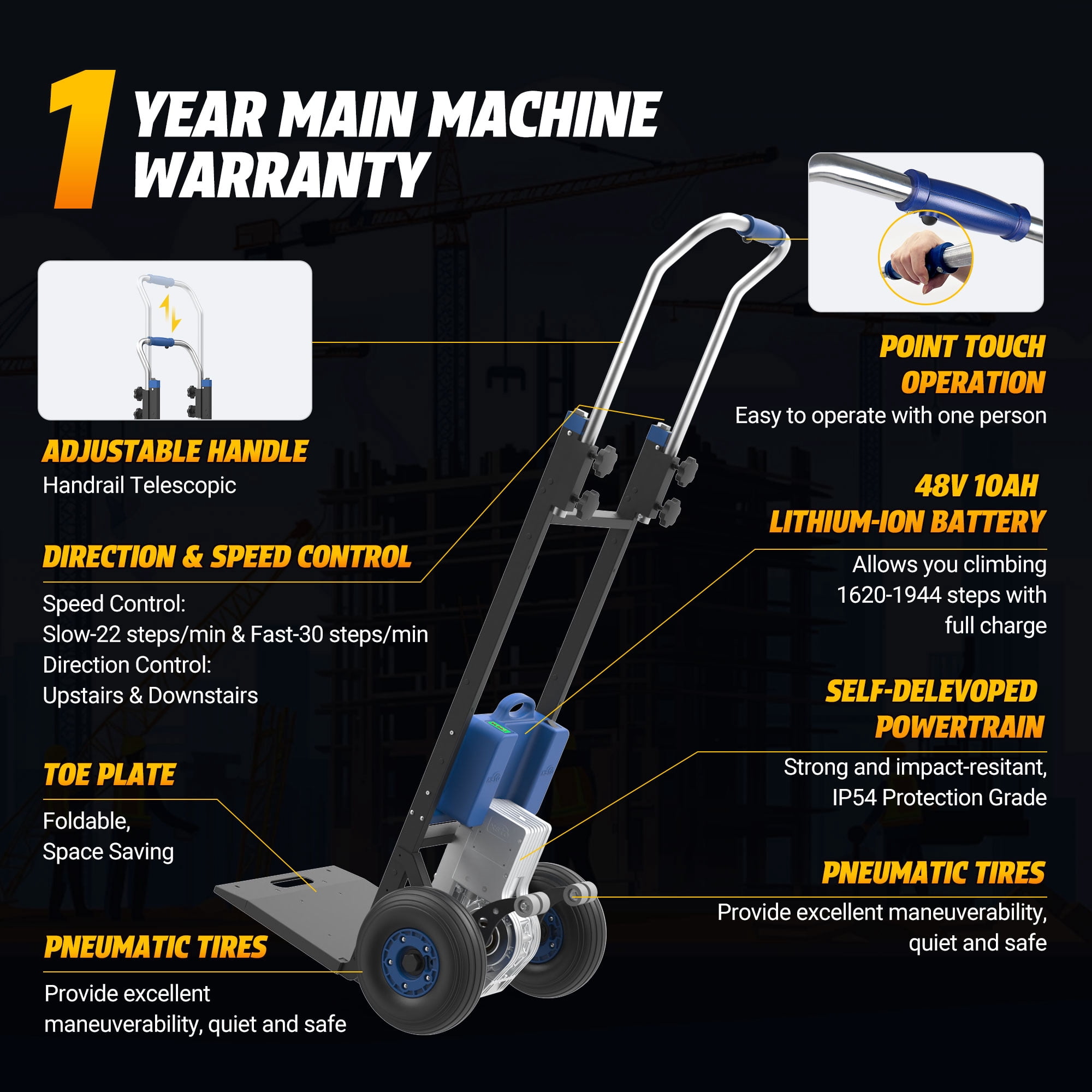 ZW47250 Electric Stair Climbing Hand Trucks Heavy Duty Folding Dolly Cart for Moving Powered Stair Climber Cart Hand Trolley 550lb Capacity for Furniture Family Logistics Warehouse
