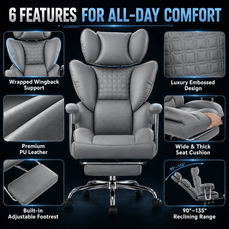 Simple Deluxe 350lbs Executive Heavy Duty Office Chair for Big & Tall, PU Leather Ergonomic Reclining Desk Chair with Footrest, Pocket Spring Cushion, Gray