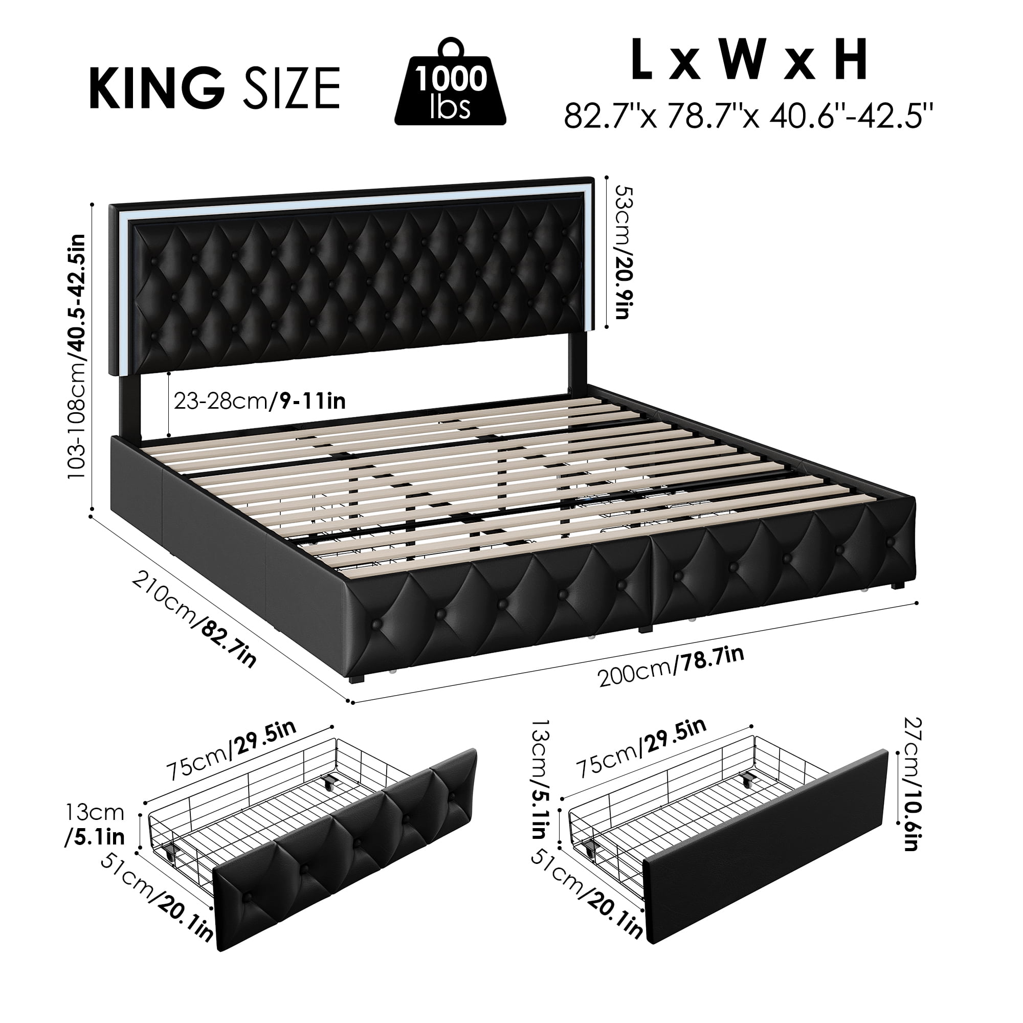 Homfa King LED Bed with 4 Drawers, LED Lights Platform Storage Bed Frame with Upholstered Adjustable Button Tufted Headboard, PU Black