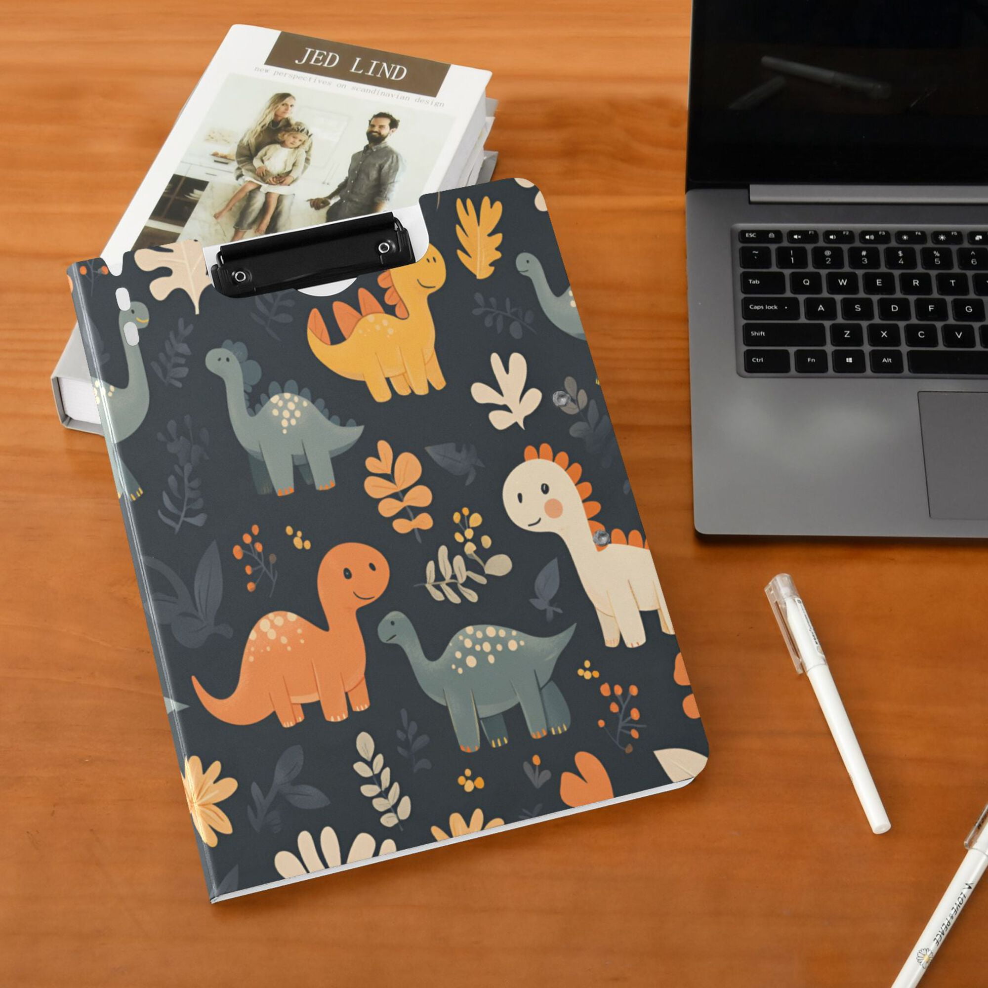 FORMRS A4 Clipboard Folder with Pen Holder Horizontal Foldable School Office Binder, Cartoon Dinosaur
