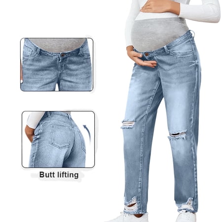 Liweisiy Women's Maternity Ripped Jeans Over The Belly Support Loose Waisted Straight Long Denim Pants Summer Trendy Casual Pregnancy Pants With Pockets Light Blue XL