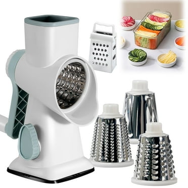 VEGCOO Rotary Cheese Grater, Kitchen Grater Vegetable Slicer with 3 Interchangeable Blades Hand Crank Shredder for Cheese, Vegetables & Nuts, Non-Slip Suction Base