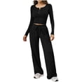 thumbnail image 1 of OIOLOYJM Two Piece Sets for Women Flowy Dressy Lounge Set Fashion Long Sleeve Cropped Tops Wide Leg Drawstring Pants Casual Outfits Spring Summer Vacation Travel Tracksuit Black 2XL, 1 of 4