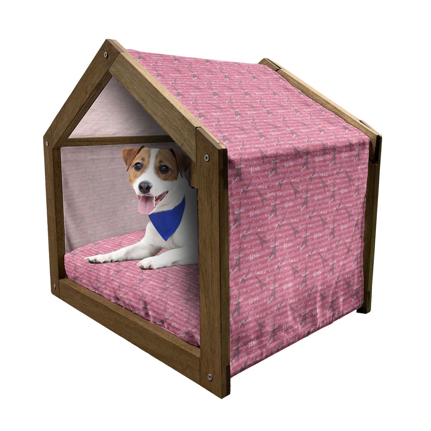 Floral Patterned Wooden Dog House with Canopy and Pillow