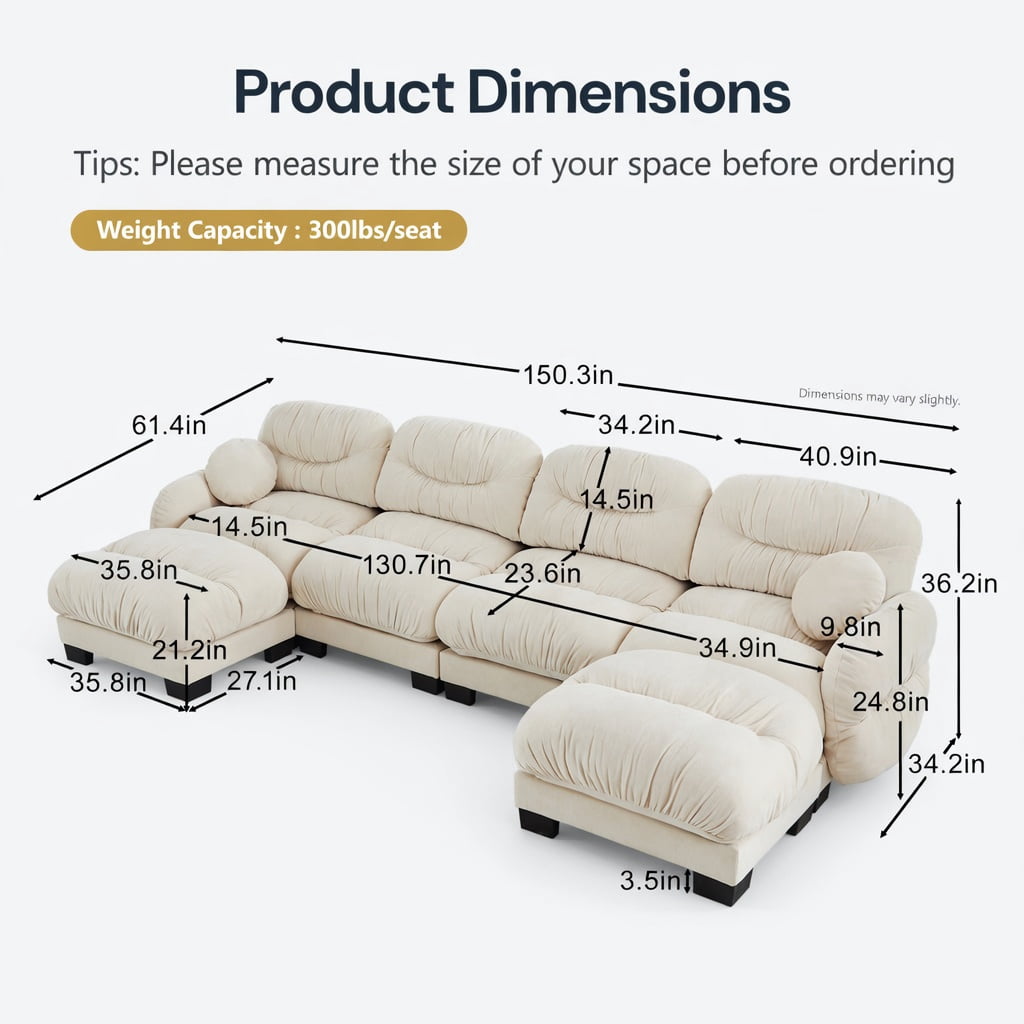 Hommoo Chenille U-Shaped Modular Sectional Sofa with Ergonomic Foam, 4-Seat Pleated Design + 2 Ottomans & 2 Round Throw Pillows, Beige