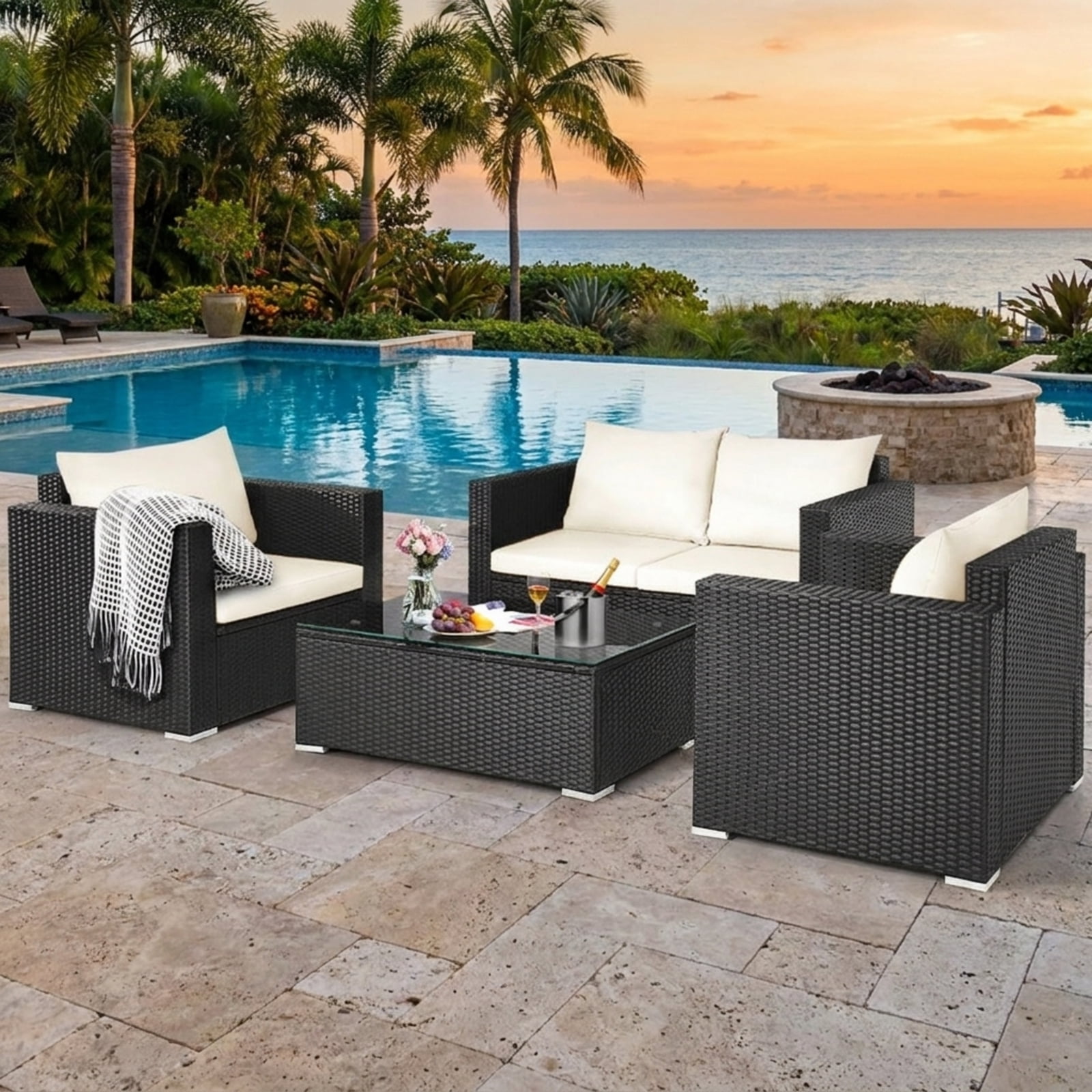 Furnibear 4 Pieces Patio Rattan Conversation Set Outdoor Wicker Furniture Sofa Set with Padded Cushions and Tempered Glass Coffee Table for Garden Backyard, White
