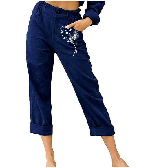 fartey Womens Cotton Linen Capri Pants 2024 Paperbag Waist Zipper Button Pockets Pants Roomy Dandelion Graphic Elastic High Waist Trousers