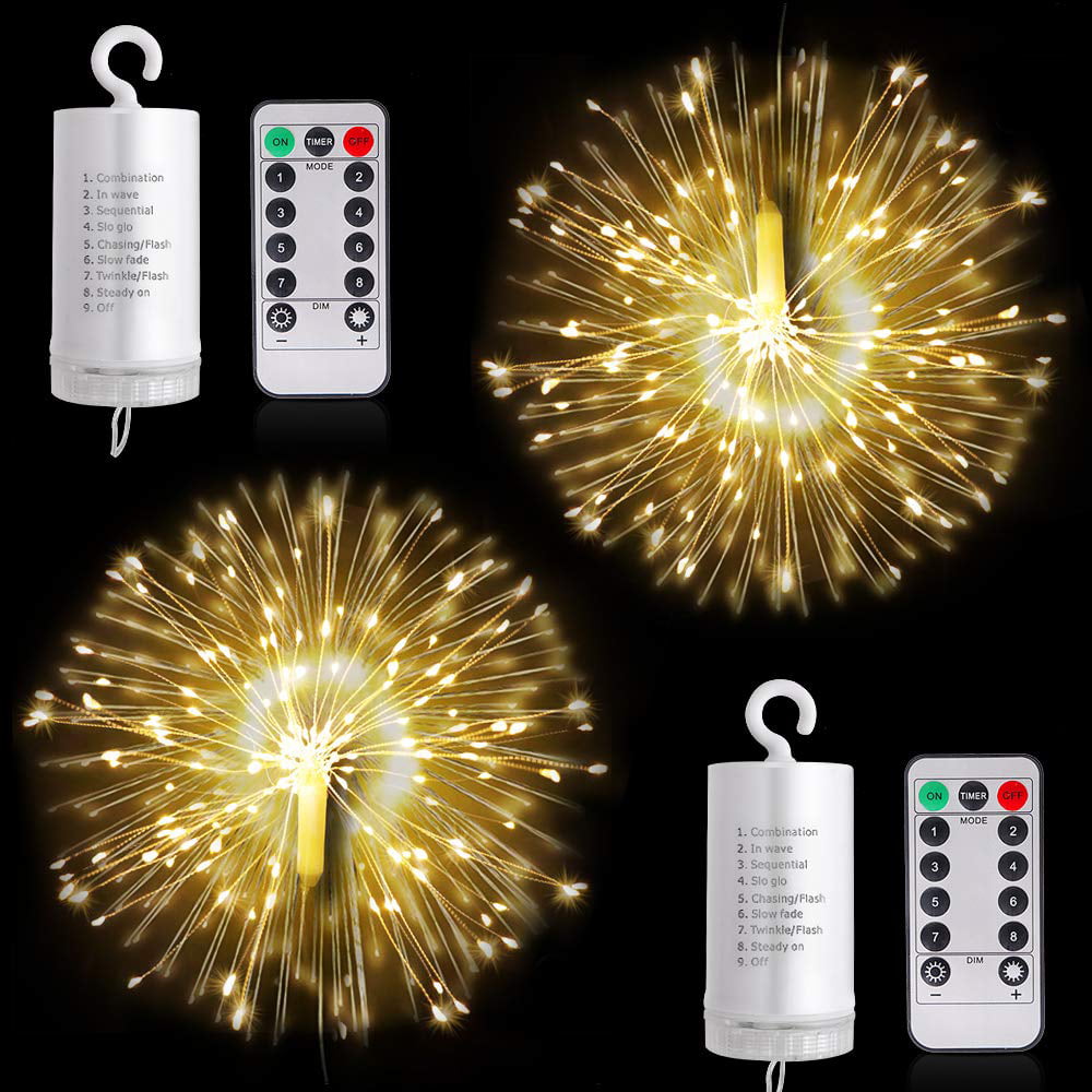 Warm White,2 Pack Hanging Starburst String Lights,2 Pack 8 Modes Waterproof 200 LED Bouquet Shape Fireworks Fairy Twinkle Light Battery Operated With Remote Control For Home,Gardens,Patios,Study. 