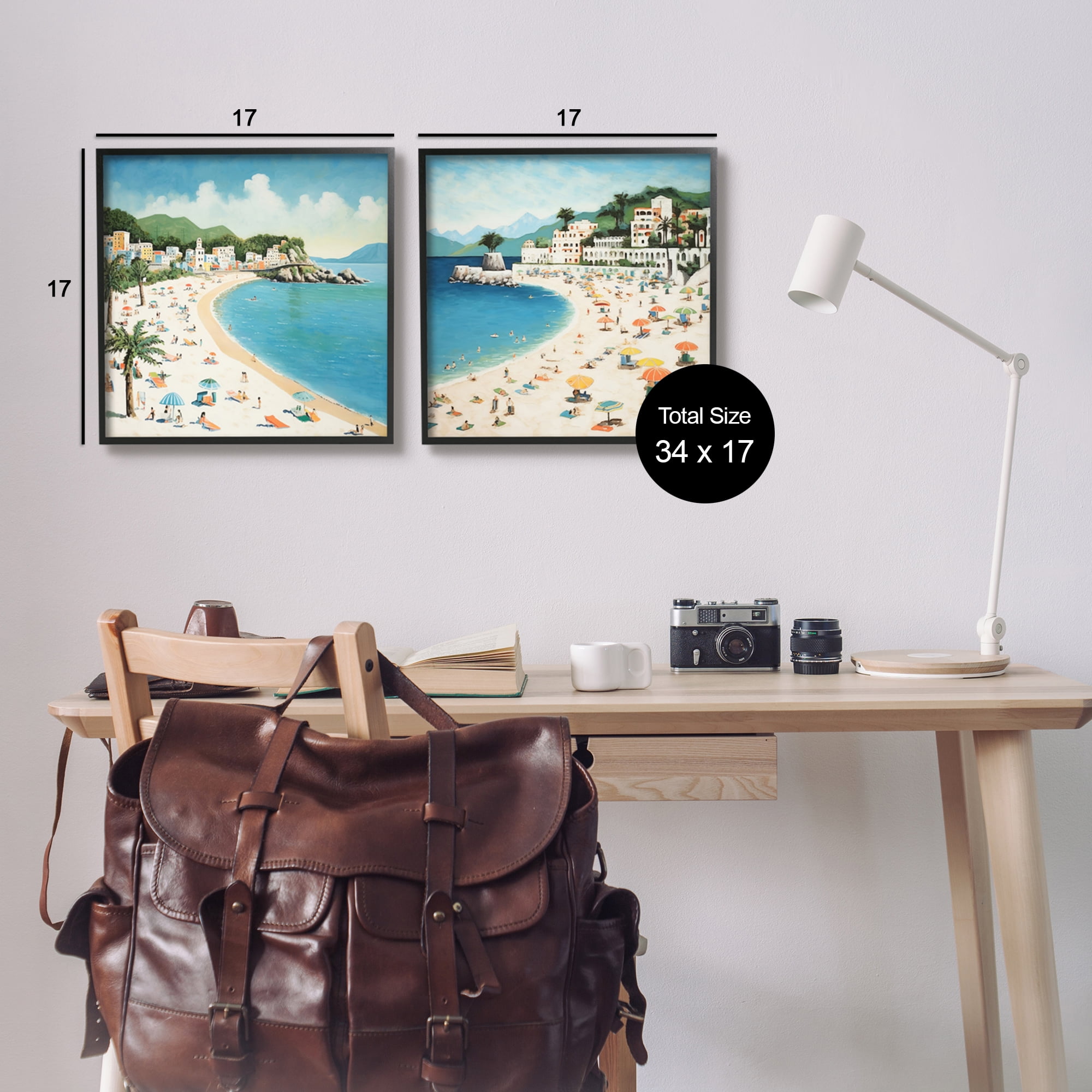 Stupell Industries Beach Goers on Curved Shore Landscape Painting Black Framed Art Print Wall Art, 17 x 17, Set of 2