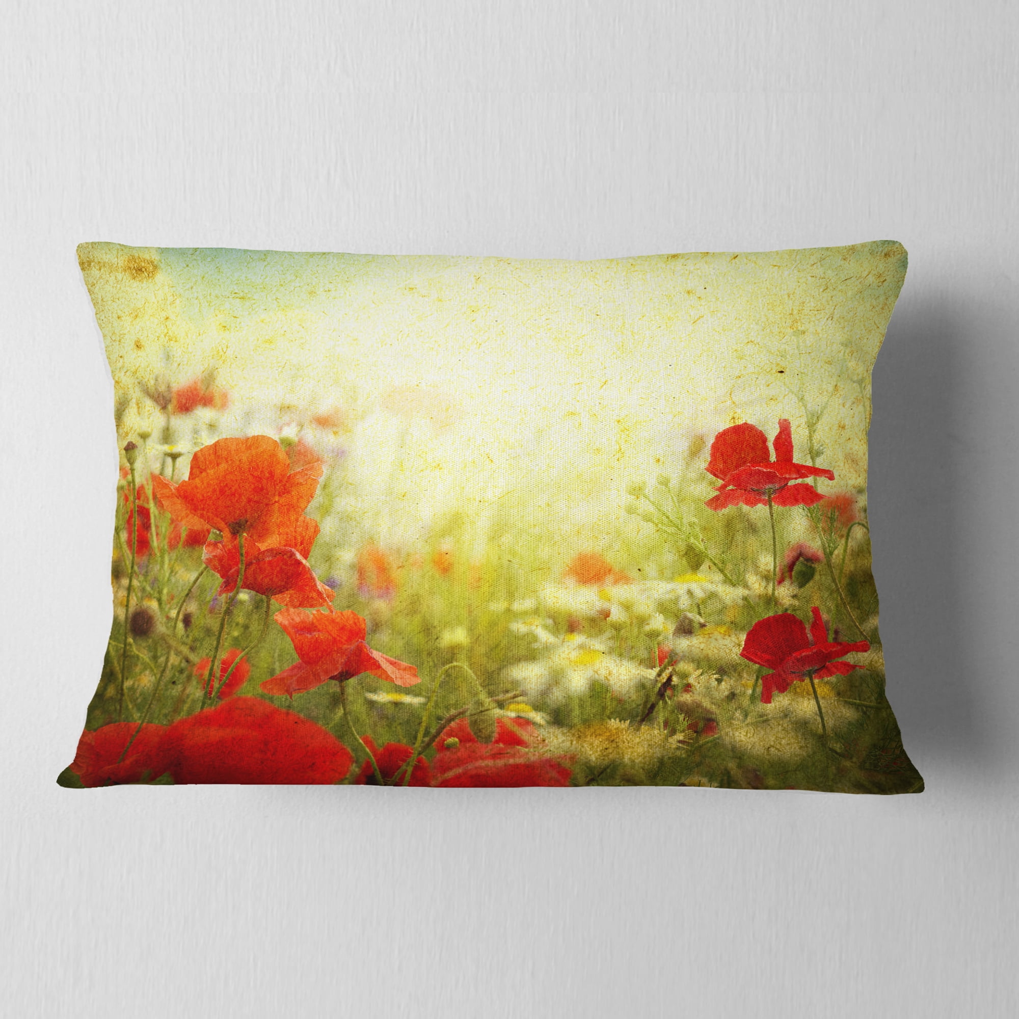 Designart Grunge Background with Red Poppies - Floral Throw Pillow - 12x20