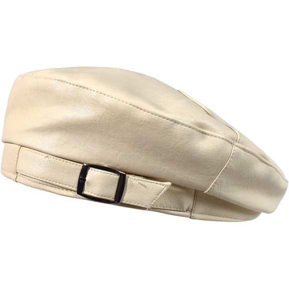 CoCoMangos Beret Hats for Women Fashion Pu Leather Solid Color Beanie Berets with Metal Decorative Buckle Casual Cap