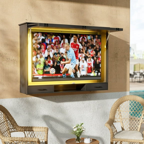 Linnnzi 55.9" Weatherproof Wood Outdoor TV Enclosure (Up to 58" TV) with Lockable Cover & Dual-Arm Mount