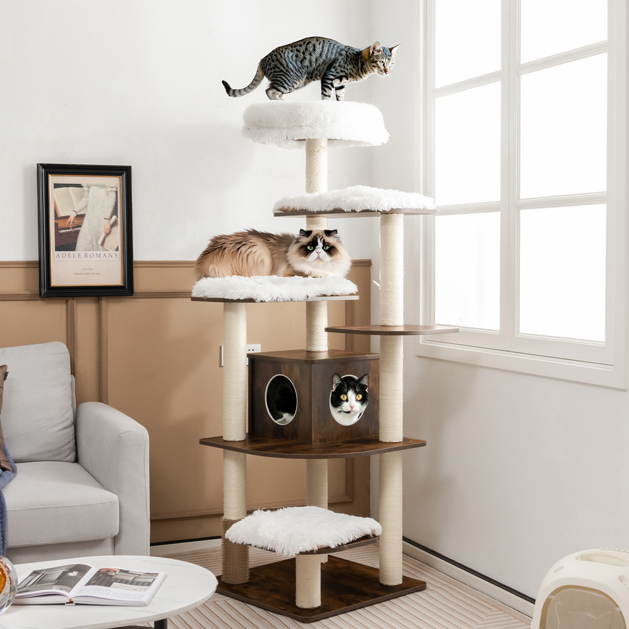 Costway Wooden Cat Tree 71'' 7-Layer Cat Tower with Sisal Scratching Posts Perch & Cushions Brown