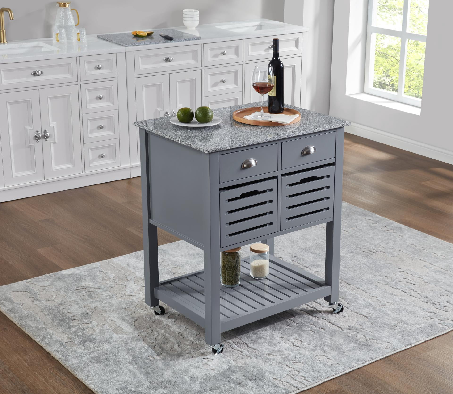 Lisonu 30-Inch Rolling Kitchen Island with Marble Top, Solid Wood Food Prep Cart with 4 Drawers & 2 Storage Bins, Mobile Kitchen Storage, Grey