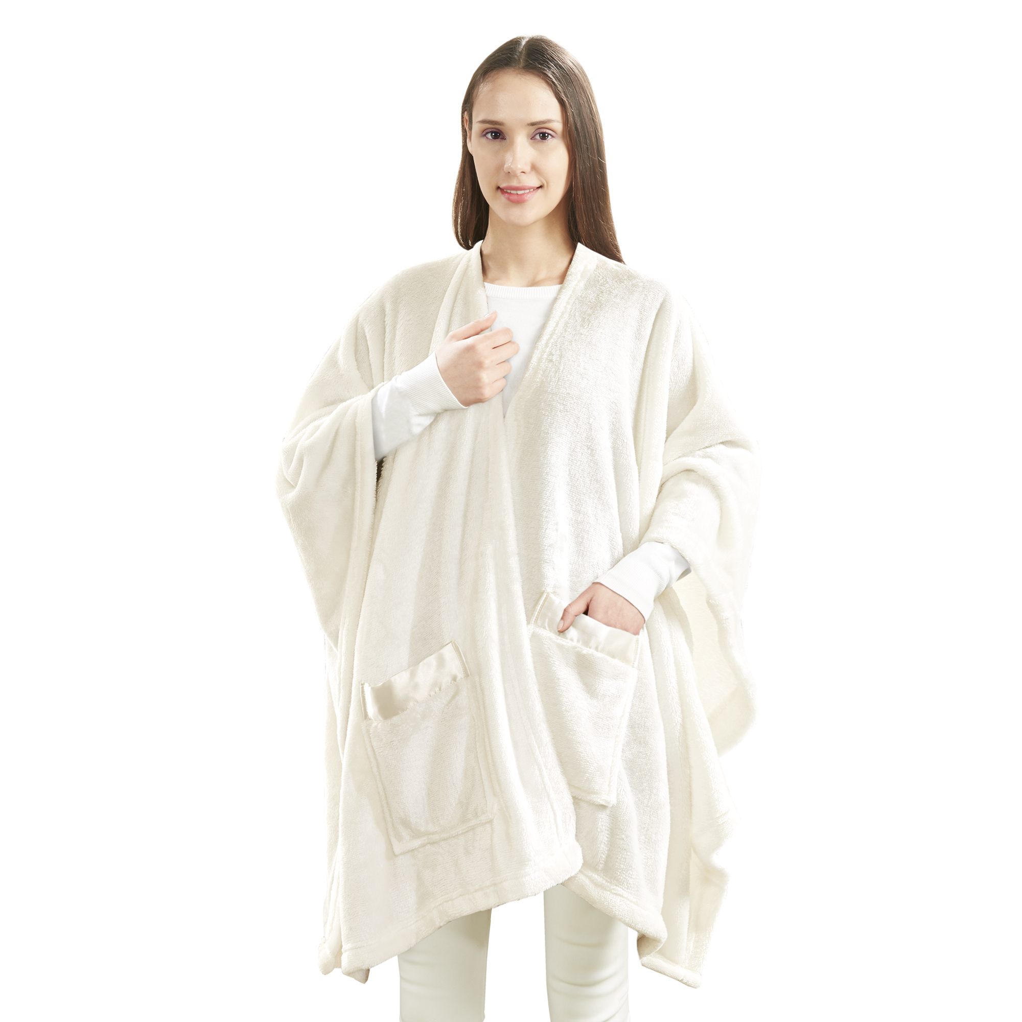 Giftable and Wearable Angel Wrap Plush Throw Blanket with Pockets, Cream - image 4 of 5