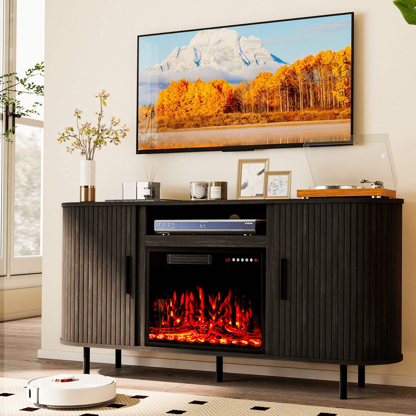 Flictozena 65’’ Modern Fluted TV Stand for TVs Up to 75’’ with 23’’ Electric Fireplace - Wooden Entertainment Center, Curved Design, Sliding Doors & Storage Shelf, Natural Oak