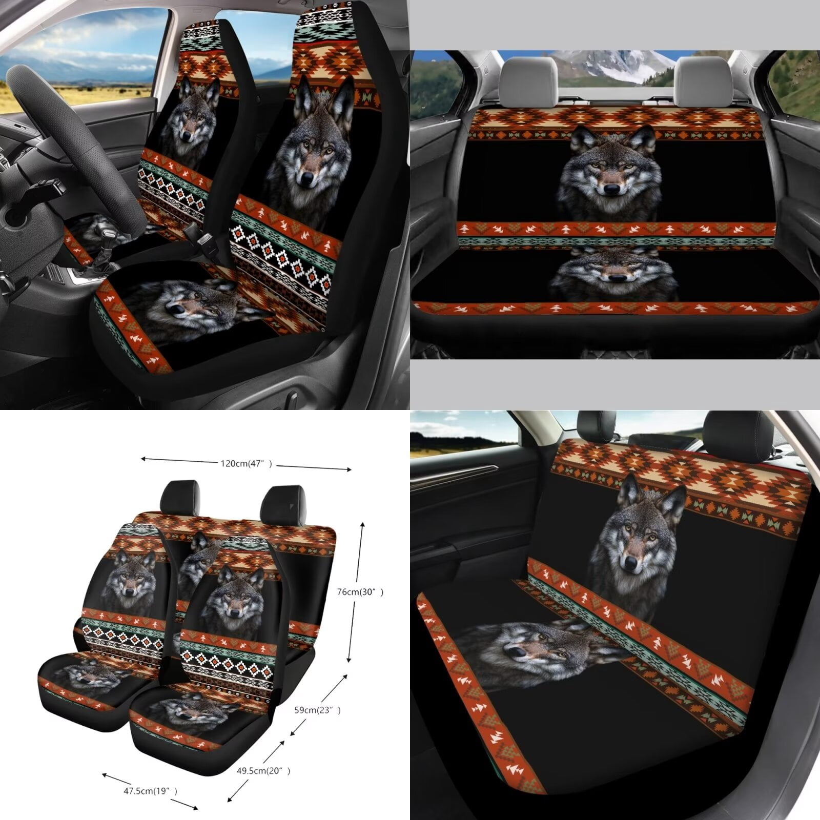 KUIFORTI Boho Car Seat Covers Full Set of 15, Wolf Car Seat Cover/Steering Wheel Cover/Seatbelt Shoulder Pads/Key Chain/Car Trash Bag/Car Vent Storage Organizer/Coasters/Rear View Mirrow Cover