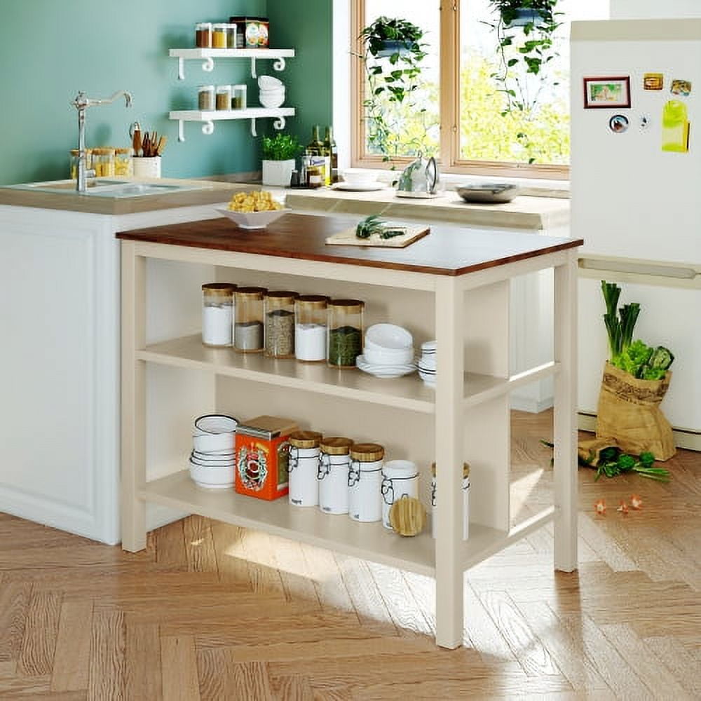 Charming Solid Rubber Wood Rustic 3 - Piece 45" Stationary Kitchen Island Set with 2 Seatings, Butcher Block Top, 2 Open Shelves - Walnut + Cream White
