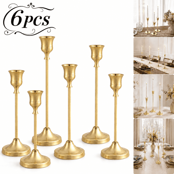 Genreen 6PCS Candlestick Holders , Metal Taper Candle Holder, Gold Candle Holders for Pillar Candles, Candle Holder for Halloween Decorations