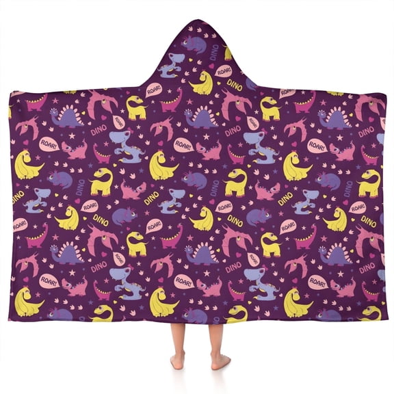 Purple Dinosaurs Dino Roar Pattern Hooded Bath Towel,50"x30" for Ages 3 To 12 Kids, Quick Dry Lightweight Soft Microfiber Hood Beach Towel Cover Up for Kids