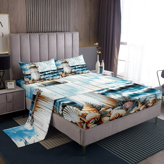 Erosebridal White Lighthouse Sheet Set Twin,Ocean Theme Bedding Sets Twin Size,Lodge Cabin Twin Sheet Sets,Ultra Soft Sea Bedroom Decoration,3pcs