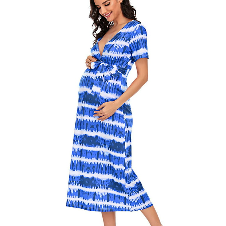 Maternity Shapewear for Dresses Plus Size V-neck Short-sleeved Belt Dress  Printed Maternity Dress For Women 