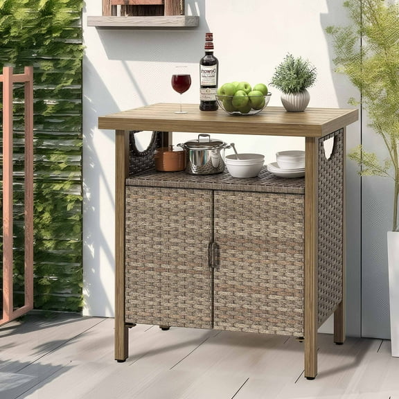 Dextrus Outdoor Wicker Bar Table, Rattan Counter Table with Two Doors and Shelves, Wicker Storage Cabinet Deck Box for Backyard, Poolside, Garden,Kitchen Island - Brown