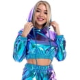 thumbnail image 3 of IBTOM CASTLE Women's Shiny Crop Top Hoodie Metallic Rave Casual Long Sleeve Hooded Pullover Workout Sweatshirt Disco Dance Clubwear XXL Holographic Blue, 3 of 8