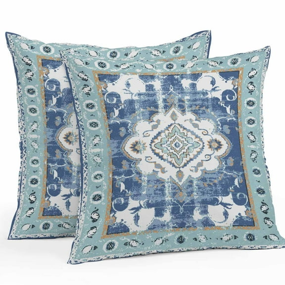 Outdoor Pillow Covers Pack of 2, Geometric Abstract Ethnic Floral Art Waterproof Throw Pillowcase Cushion Cases, Vintage Tribal Blue Decorative Pillow Cover for Couch Sofa Home Bed Patio