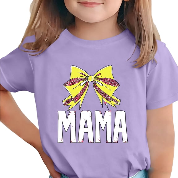 Girls Softball T-Shirt Purple Cute Softball Bow Graphic MAMA Distressed Lettering Relaxed Fit Crew Neck Polyester Spandex Youth Sizes 110-170,Size 13-14T