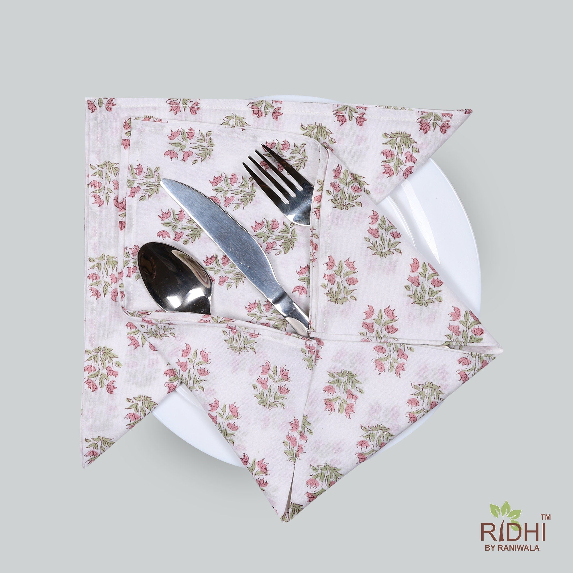 Shimmering Blush Pink, Sage Green Indian Floral Hand Block Printed Pure Cotton Cloth Napkins