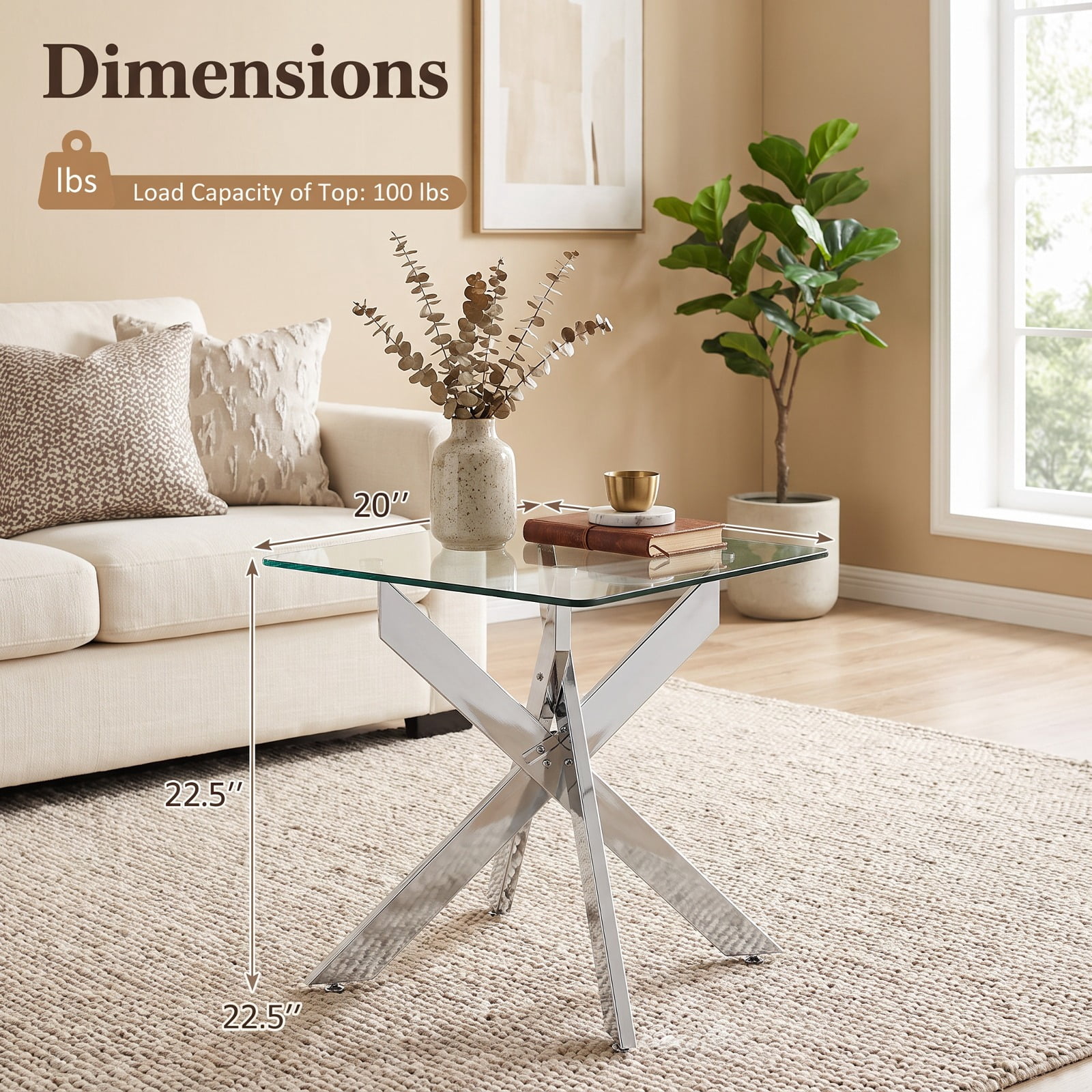Furnibear Glass Side Table Square End Table with Tempered Glass Top and Metal X Base for Living Room Bedroom and Sofa Side, Silver