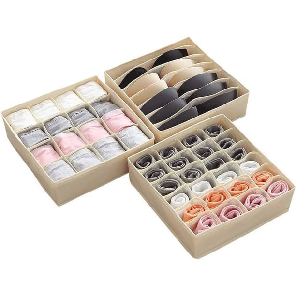 Organizador de cajones para calcetines y sujetadores, caja de almacenamiento de lencería lavable, organizador de ropa interior para armario. (Beige, 7 + 16 + 24 Rejillas)