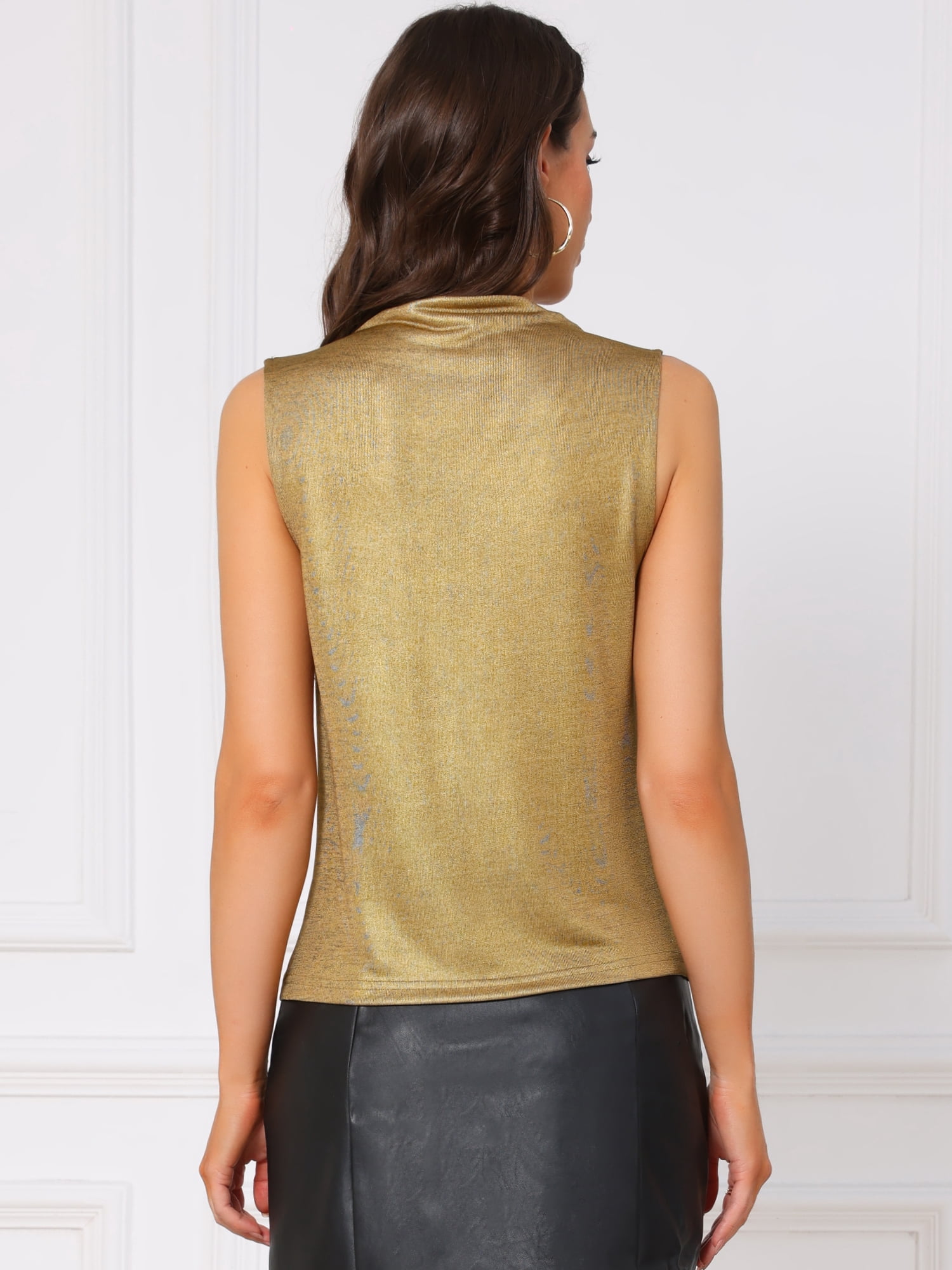 DARING DIVA Women's Elegant Shiny Party Sleeveless Cowl Neck Blouse S Golden