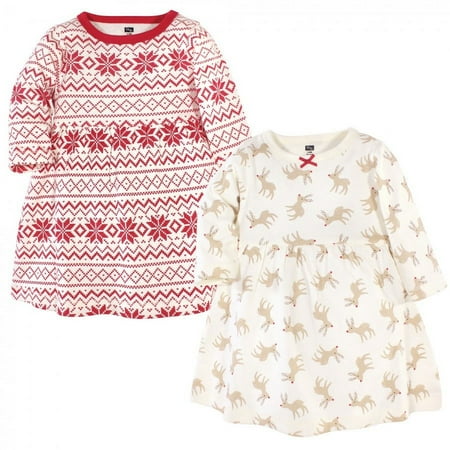 UPC: 0660168567144 | Hudson Baby Infant and Toddler Girl Long-Sleeve Cotton Dresses 2pk Reindeer 18-24 Months